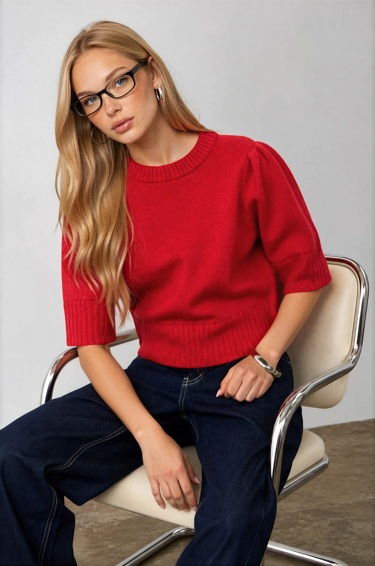 Puff Sleeve Short Sleeve Cropped Sweater in Red