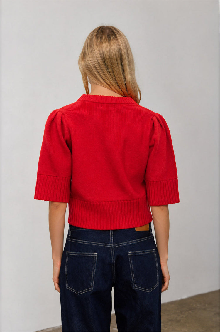 Puff Sleeve Short Sleeve Cropped Sweater in Red