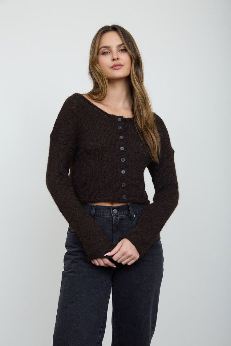 Off Shoulder Button Down Fuzzy Cardigan in Brown