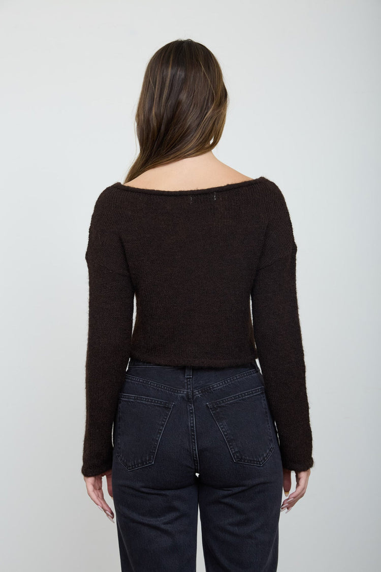 Off Shoulder Button Down Fuzzy Cardigan in Brown