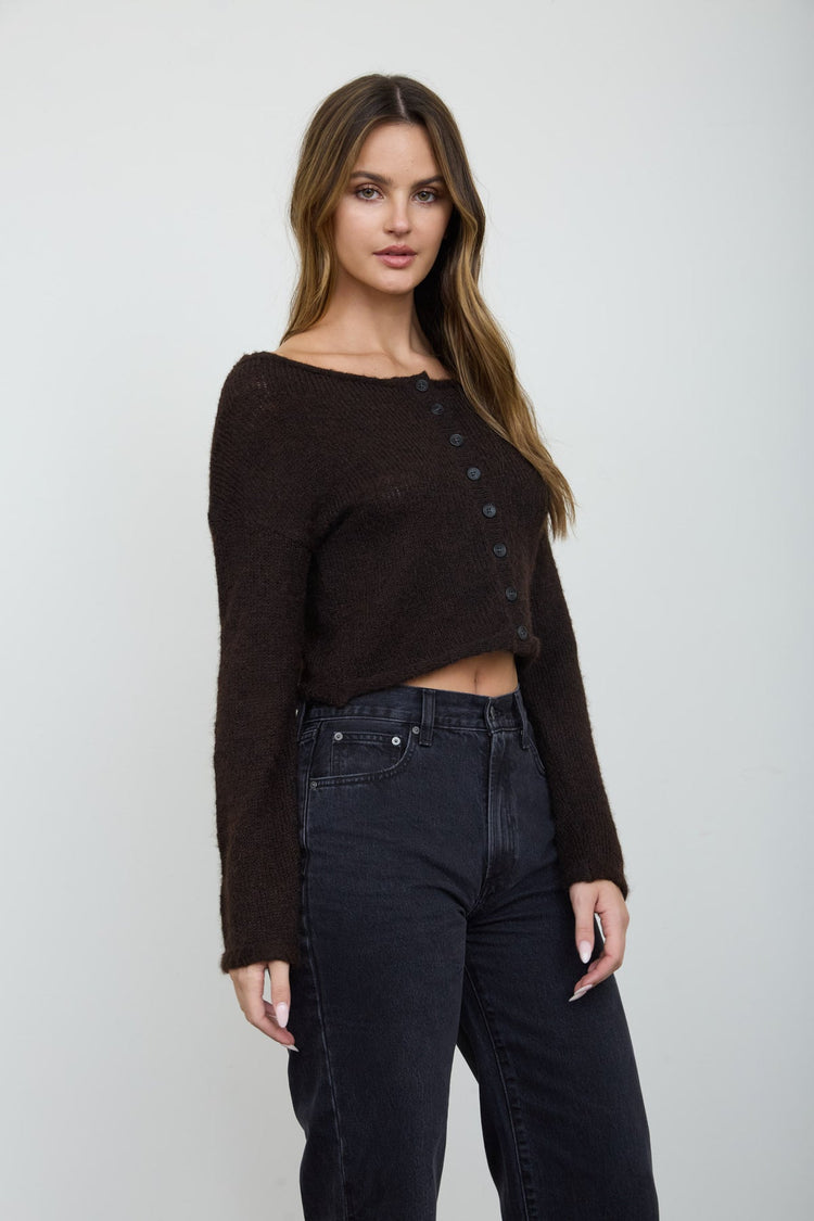 Off Shoulder Button Down Fuzzy Cardigan in Brown