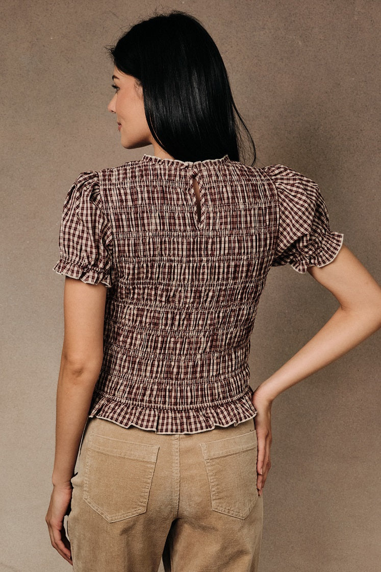 Short Puff Sleeve Smocked Plaid Top