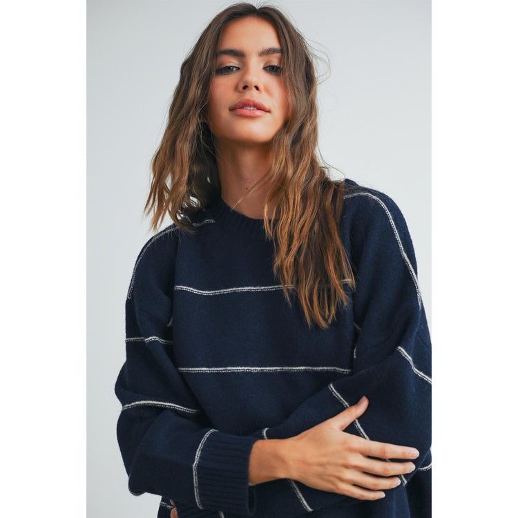 Navy Striped Pattern Drop Shoulder Sweater