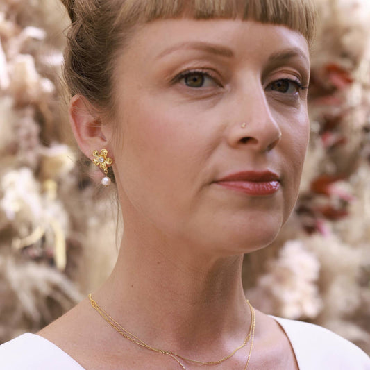 Flower and Pearl Stud Earrings