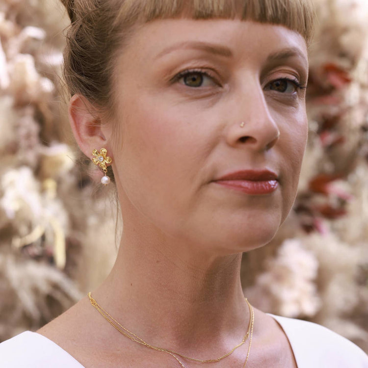 Flower and Pearl Stud Earrings