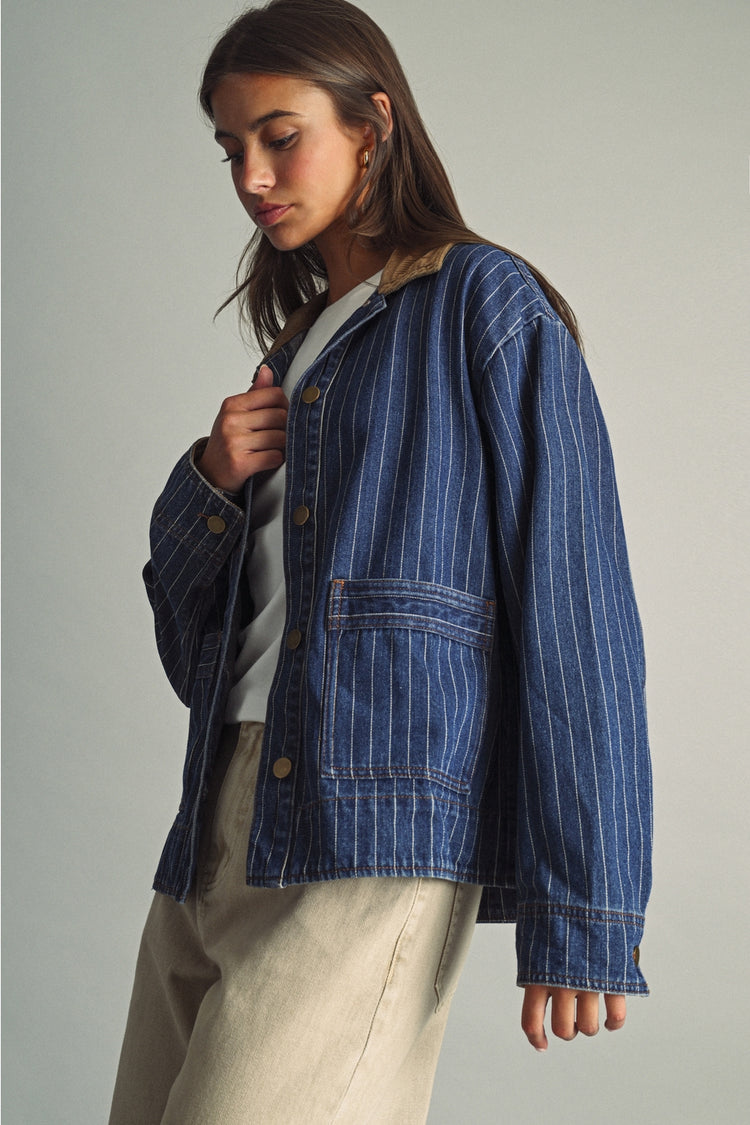 Striped Pattern Indigo Denim Barn Jacket
