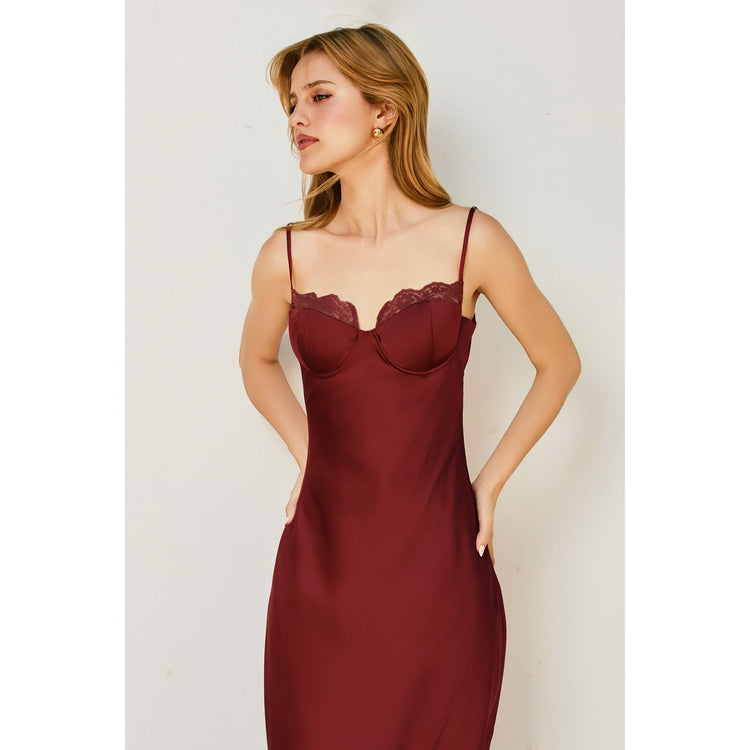 Dull Satin Lace Trim Slip Midi Dress