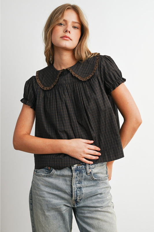 Plaid Peter Pan Collar Puff Sleeve Blouse