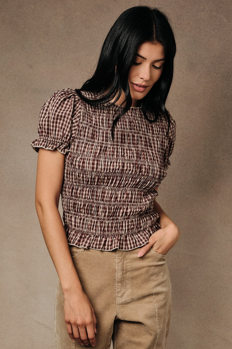 Short Puff Sleeve Smocked Plaid Top