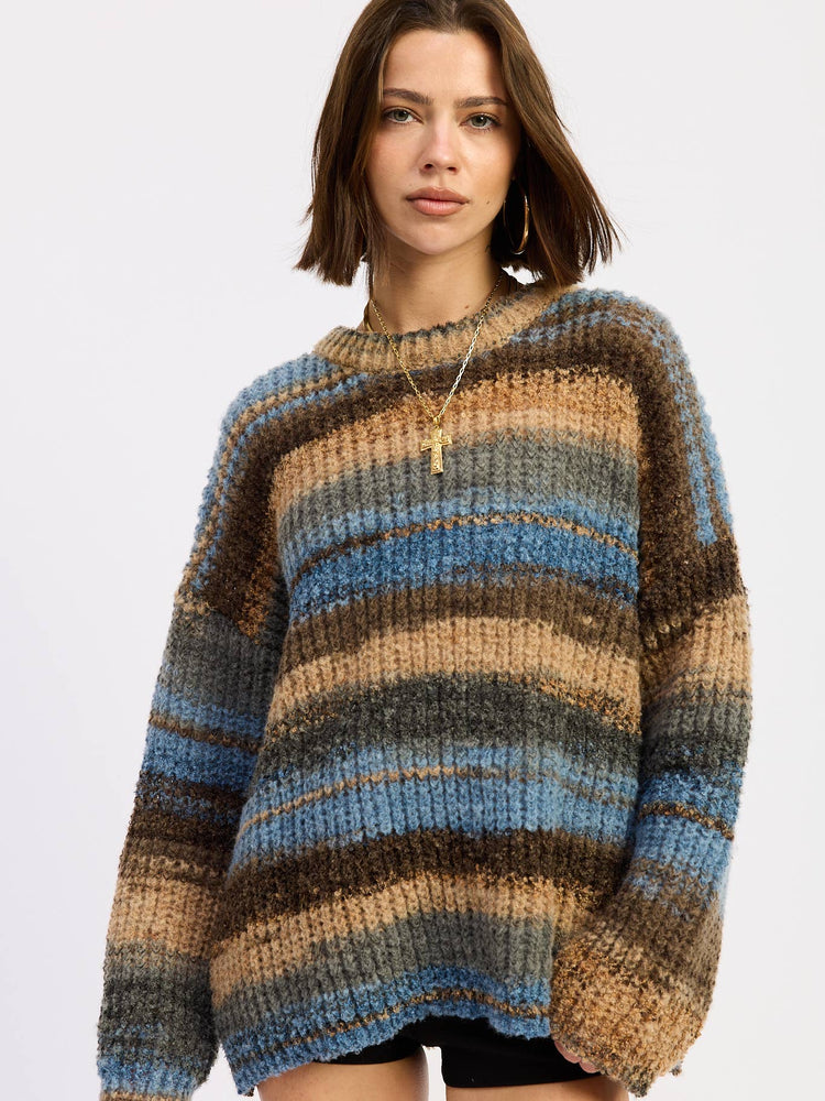 Brown and Blue Mix Oversized Knit Striped Sweater
