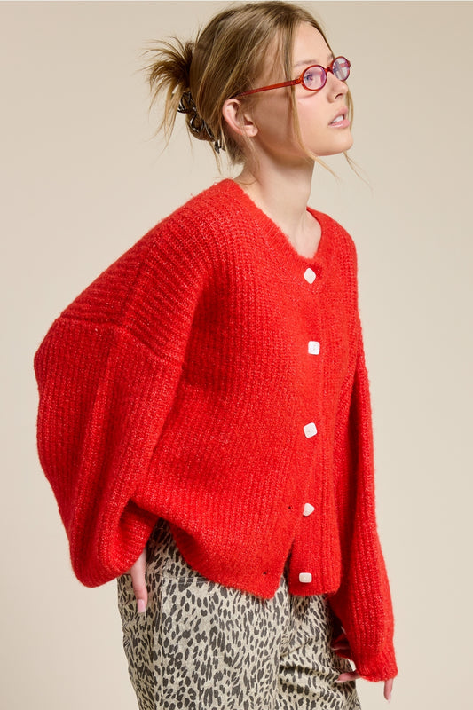 Balloon Sleeve Knit Cardigan in Scarlet