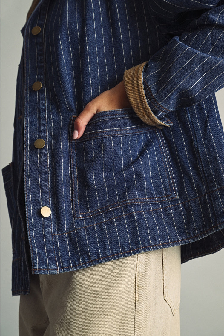 Striped Pattern Indigo Denim Barn Jacket