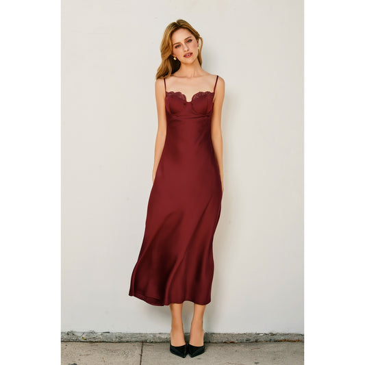Dull Satin Lace Trim Slip Midi Dress