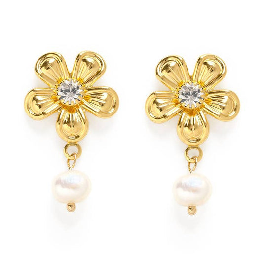 Flower and Pearl Stud Earrings
