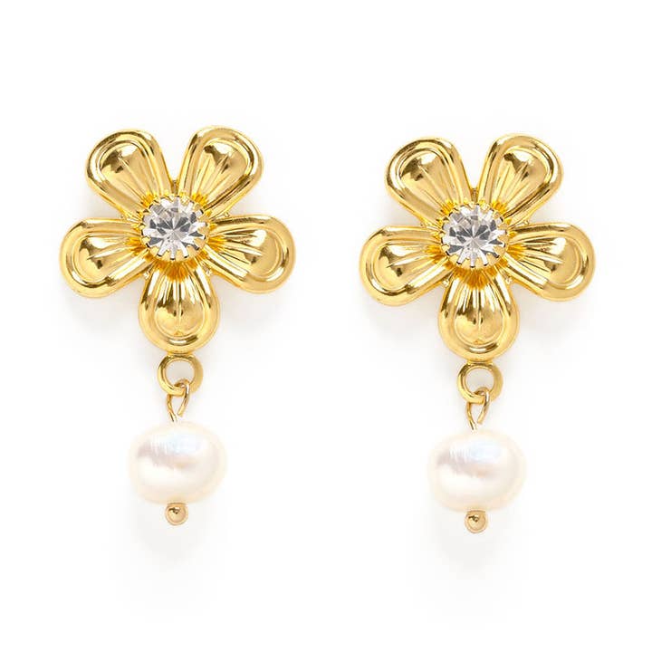 Flower and Pearl Stud Earrings