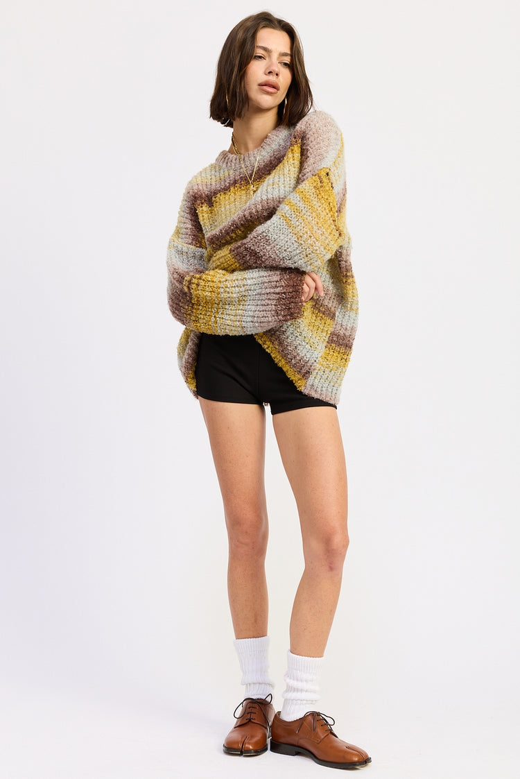 Brown and Yellow Mix Oversized Knit Striped Sweater