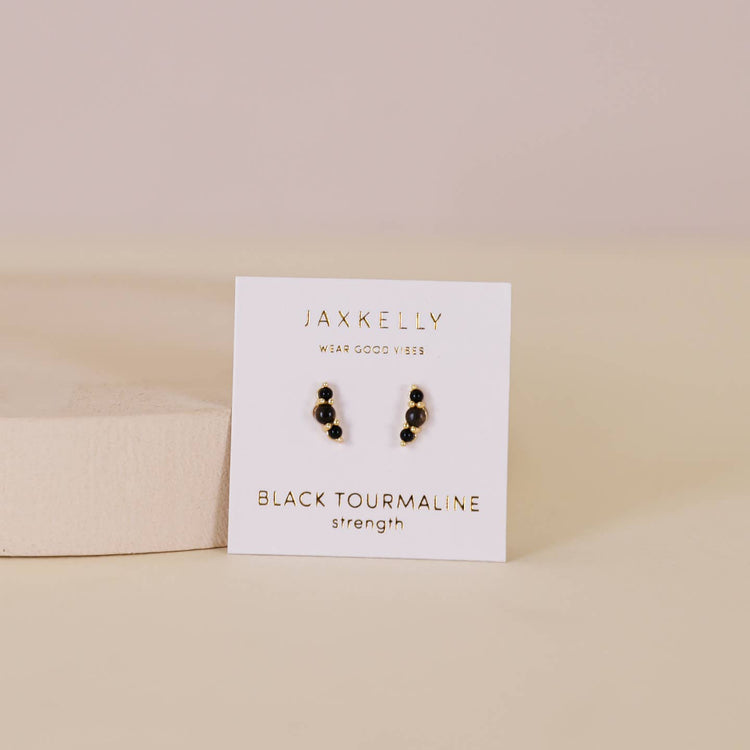 JaxKelly Crescent Gold Earrings - Black Tourmaline