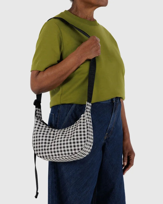 PREORDER Small Nylon Crescent Bag in Black & White Gingham