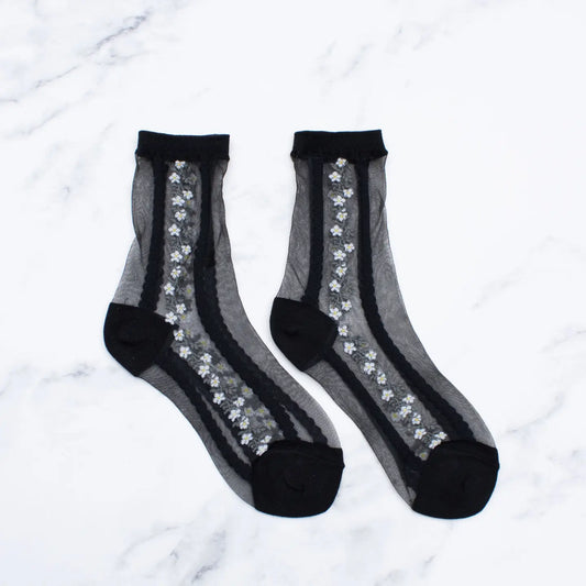 Black Daisy Floral Mesh Socks