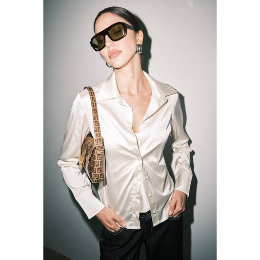 Marie Silky Satin Ruched Front Button Down Blouse