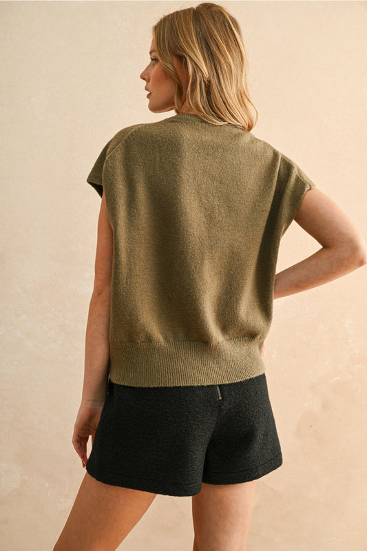 Loose Fit Short Sleeve Sweater Top in Olive
