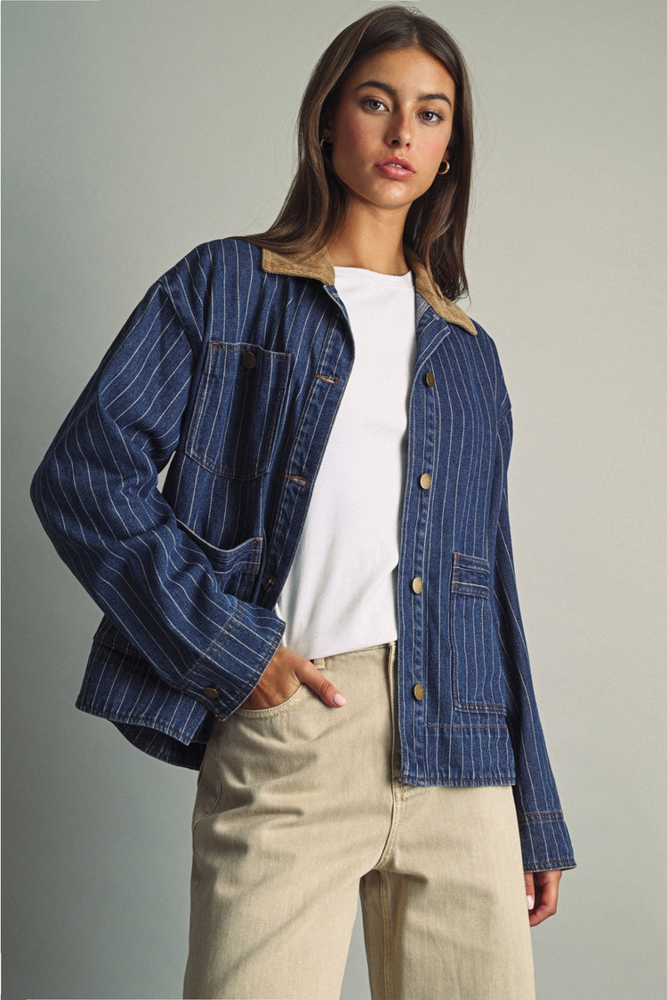 Striped Pattern Indigo Denim Barn Jacket