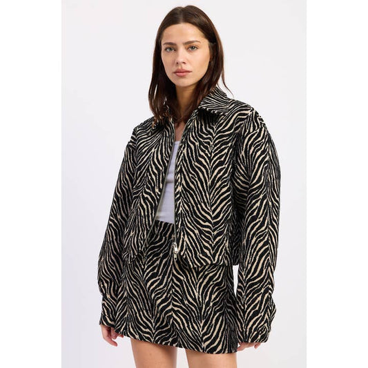 Zipped Up Animal Print Collared Jacket