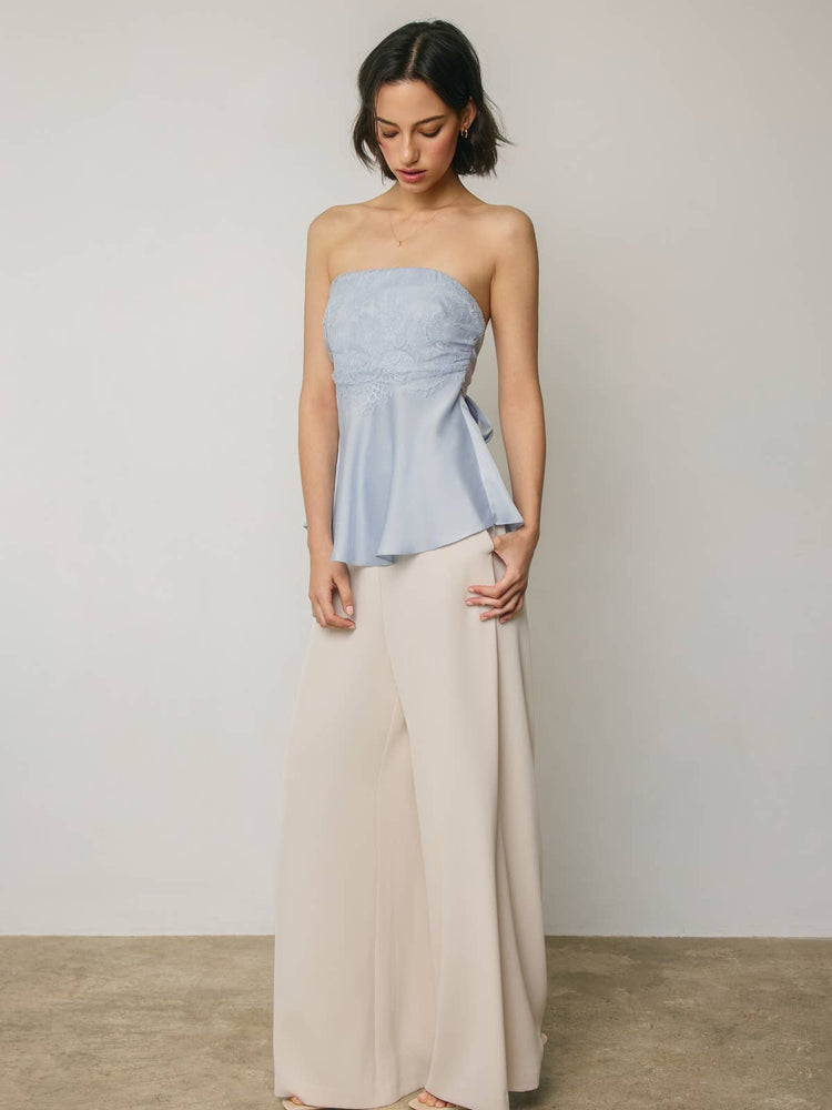 Satin Lace Strapless Flared Top in Powder Blue