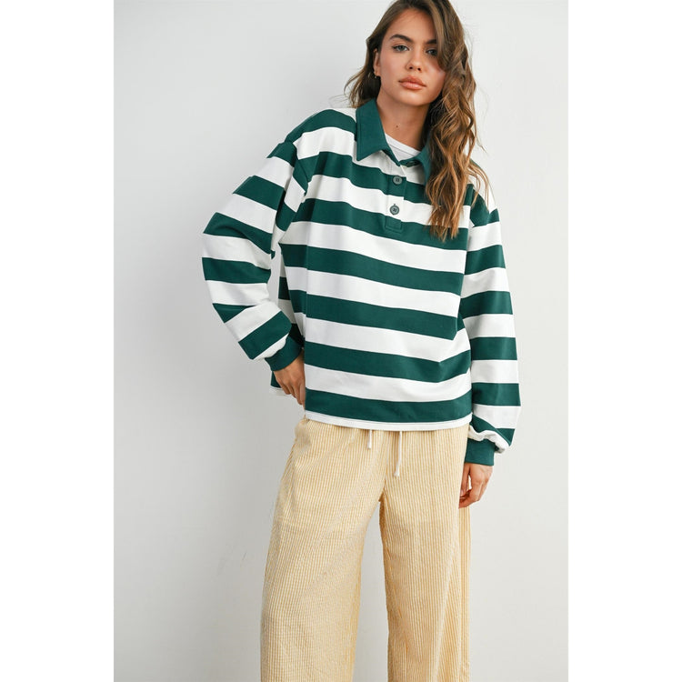 Striped Quarter-Buttoned Collared Sweatshirt
