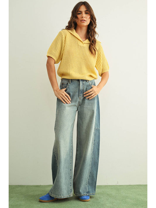 Collared Short Sleeve Knitted Top in Butter