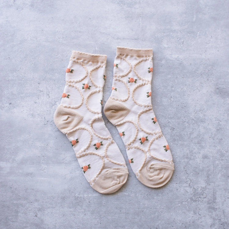 Beige/Coral Antique Floral Casual Socks