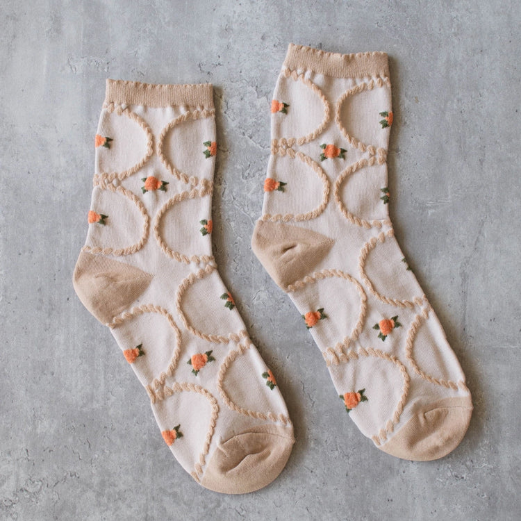Beige/Coral Antique Floral Casual Socks