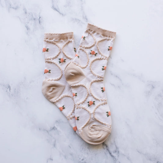 Beige/Coral Antique Floral Casual Socks