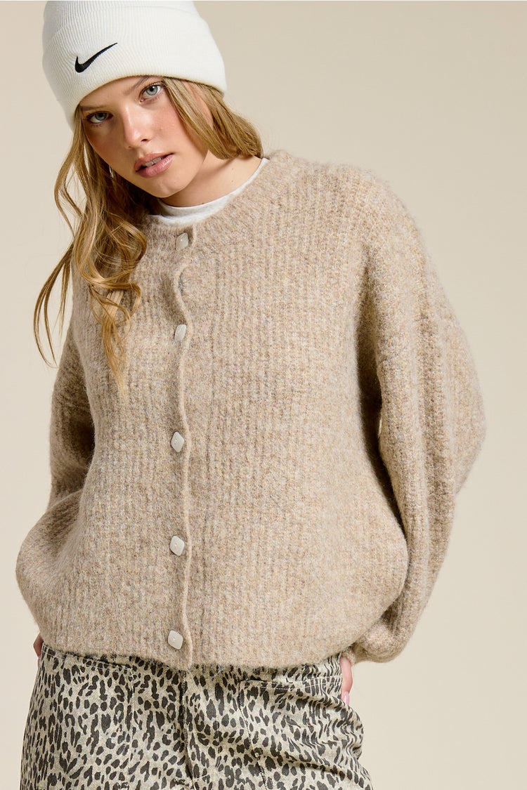 Balloon Sleeve Knit Cardigan in Mocha