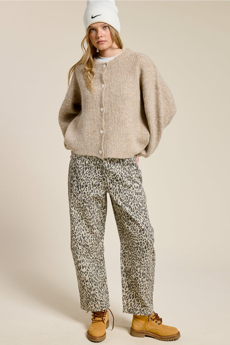 Balloon Sleeve Knit Cardigan in Mocha