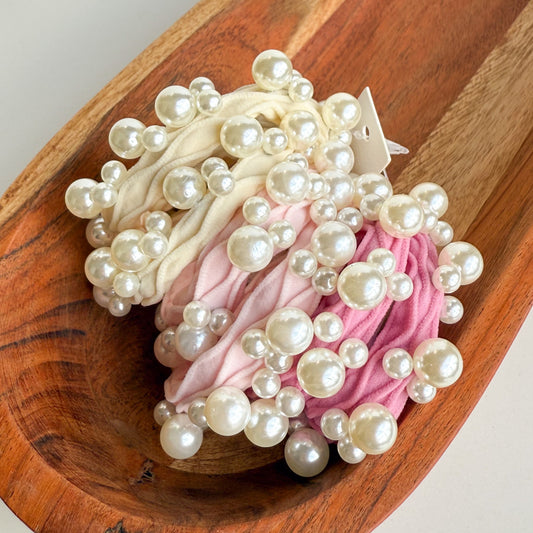Pink Textured Seamless Pearl Hair Tie Set