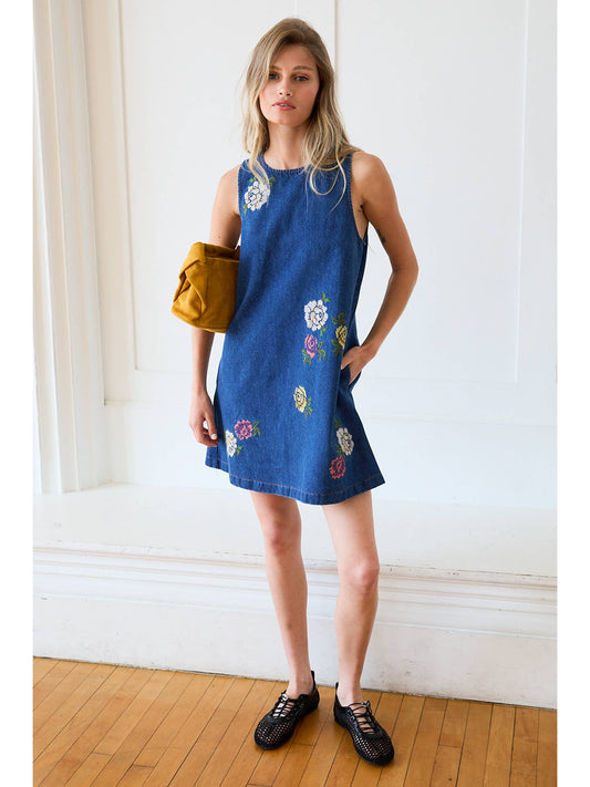 Floral Embroidered Denim Sleeveless Dress