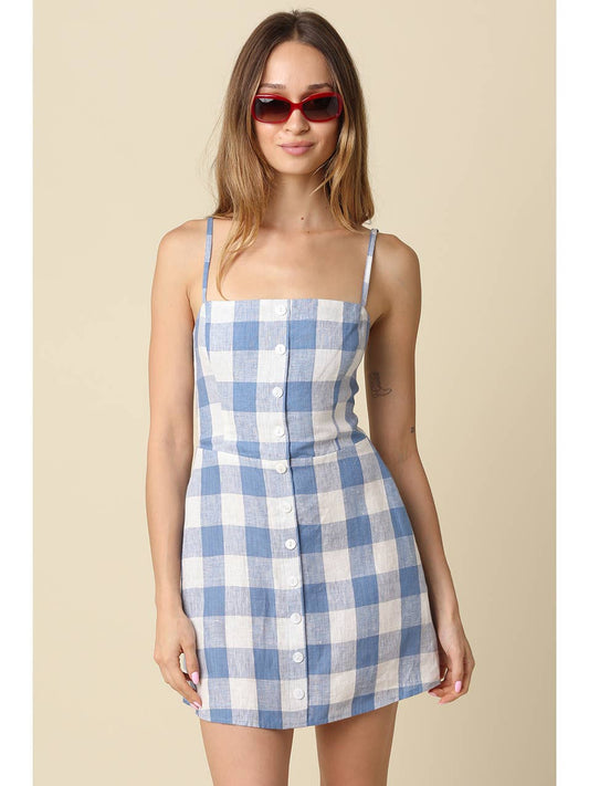 Lisa Gingham Button Front Mini Linen Dress