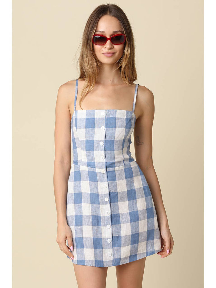 Lisa Gingham Button Front Mini Linen Dress