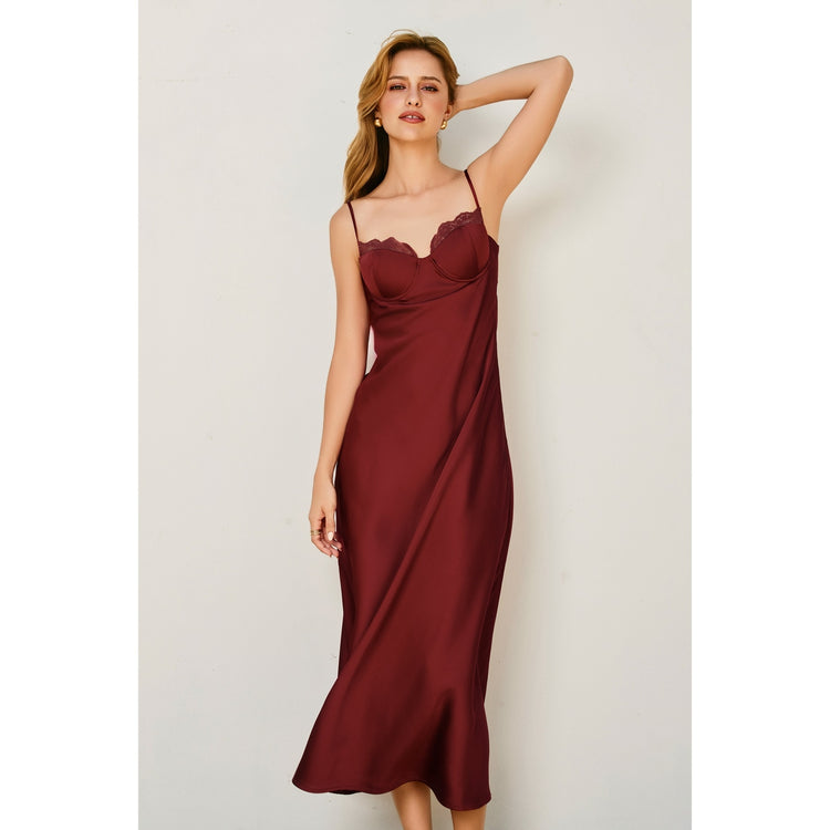 Dull Satin Lace Trim Slip Midi Dress