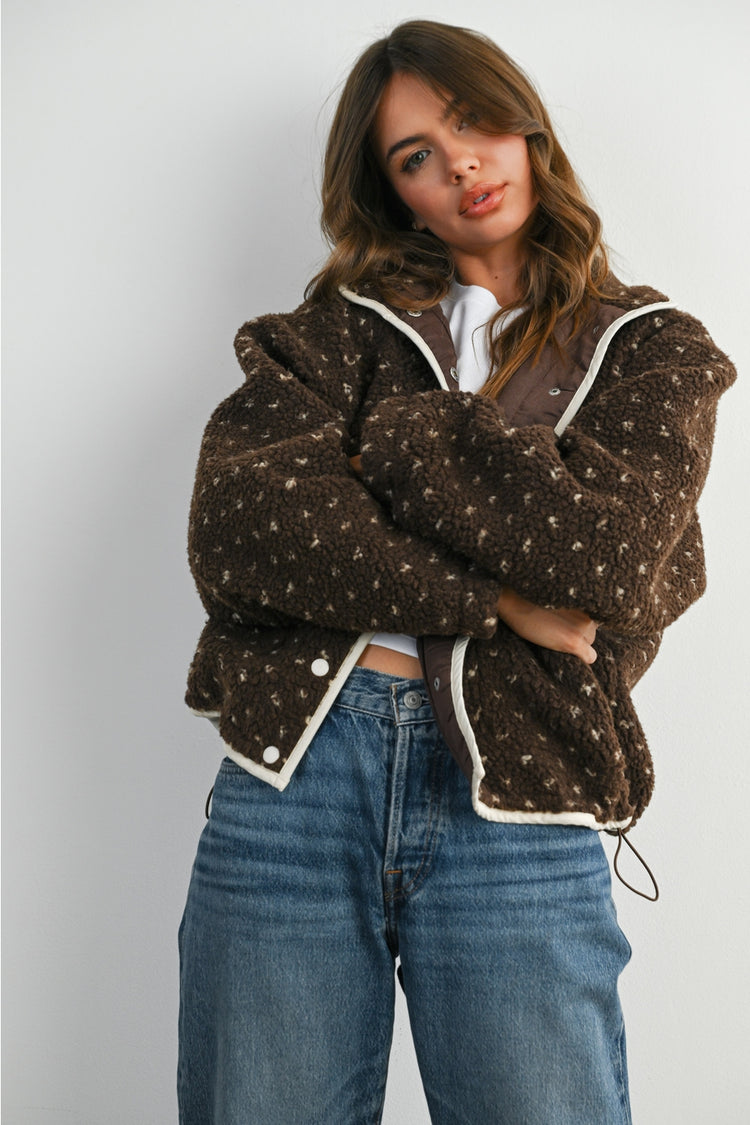 The Fern Dot Sherpa Fleece Snap Jacket in Brown & Taupe