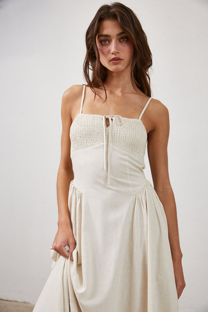 Ruched Ivory Midi Dress