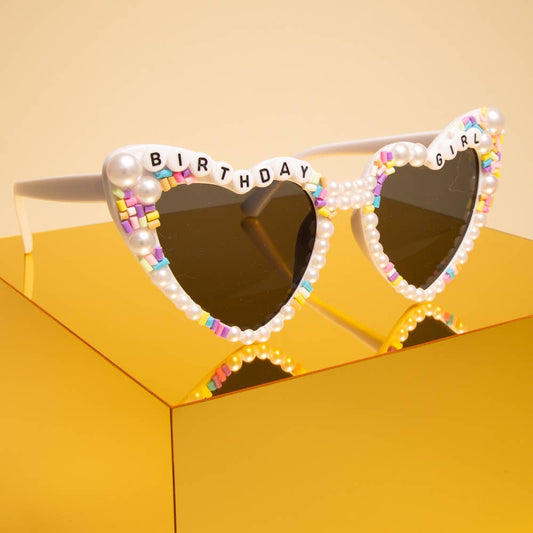 "Birthday Girl" Beaded Sunglasses in White/Black