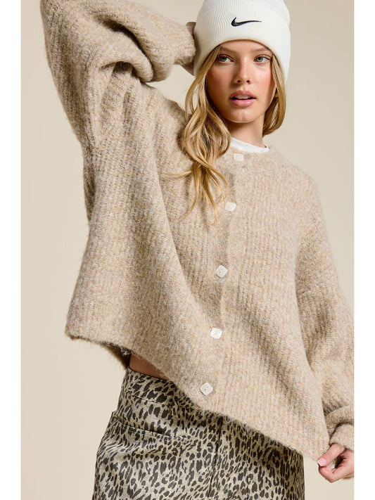Balloon Sleeve Knit Cardigan in Mocha