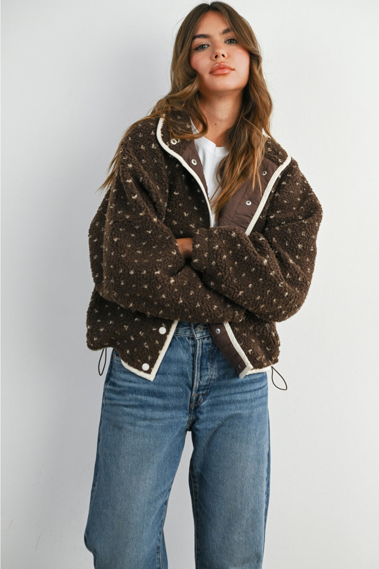 The Fern Dot Sherpa Fleece Snap Jacket in Brown & Taupe