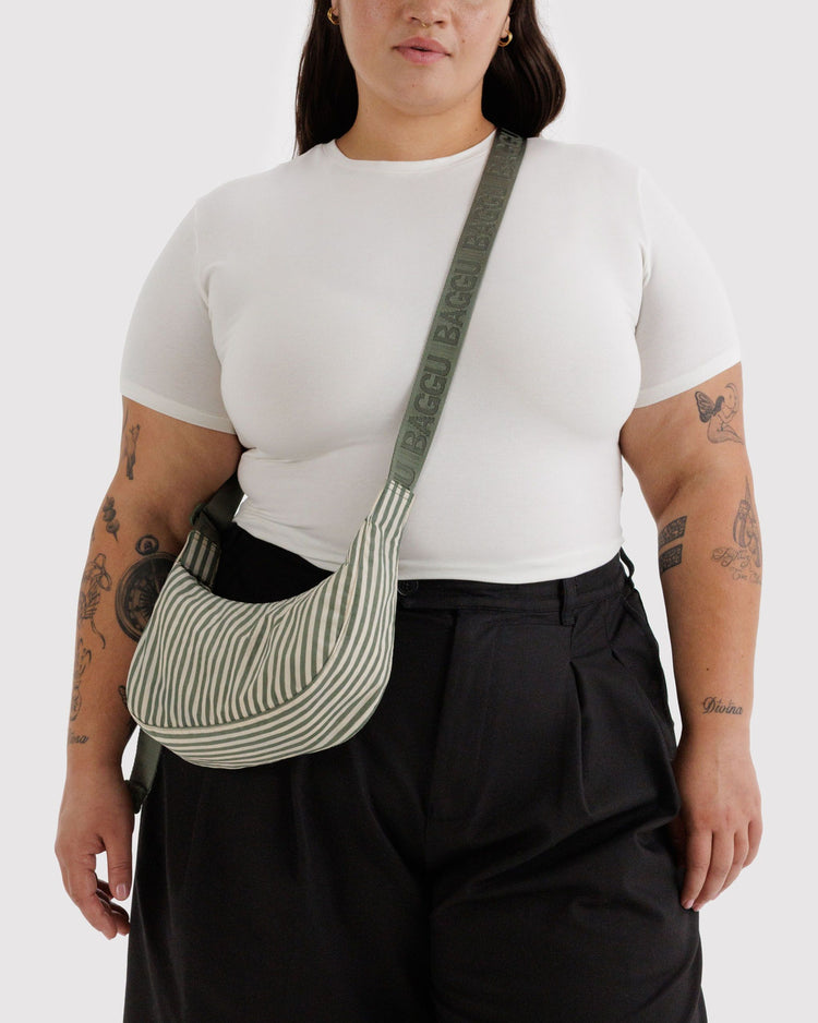 Small Nylon Crescent Bag in Sage Stripe