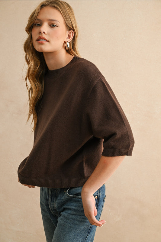 Brown Short Sleeve Sweater Top