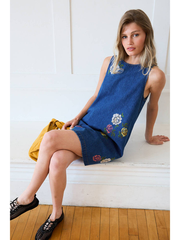 Floral Embroidered Denim Sleeveless Dress