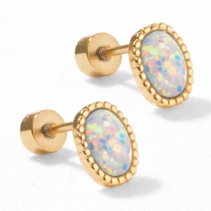 Luna Opal White Screwback Stud Earrings