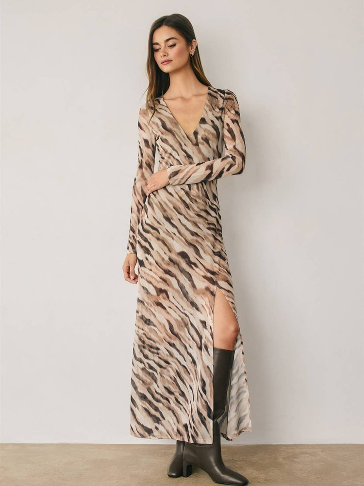 Animal Mesh Plunging Maxi Dress